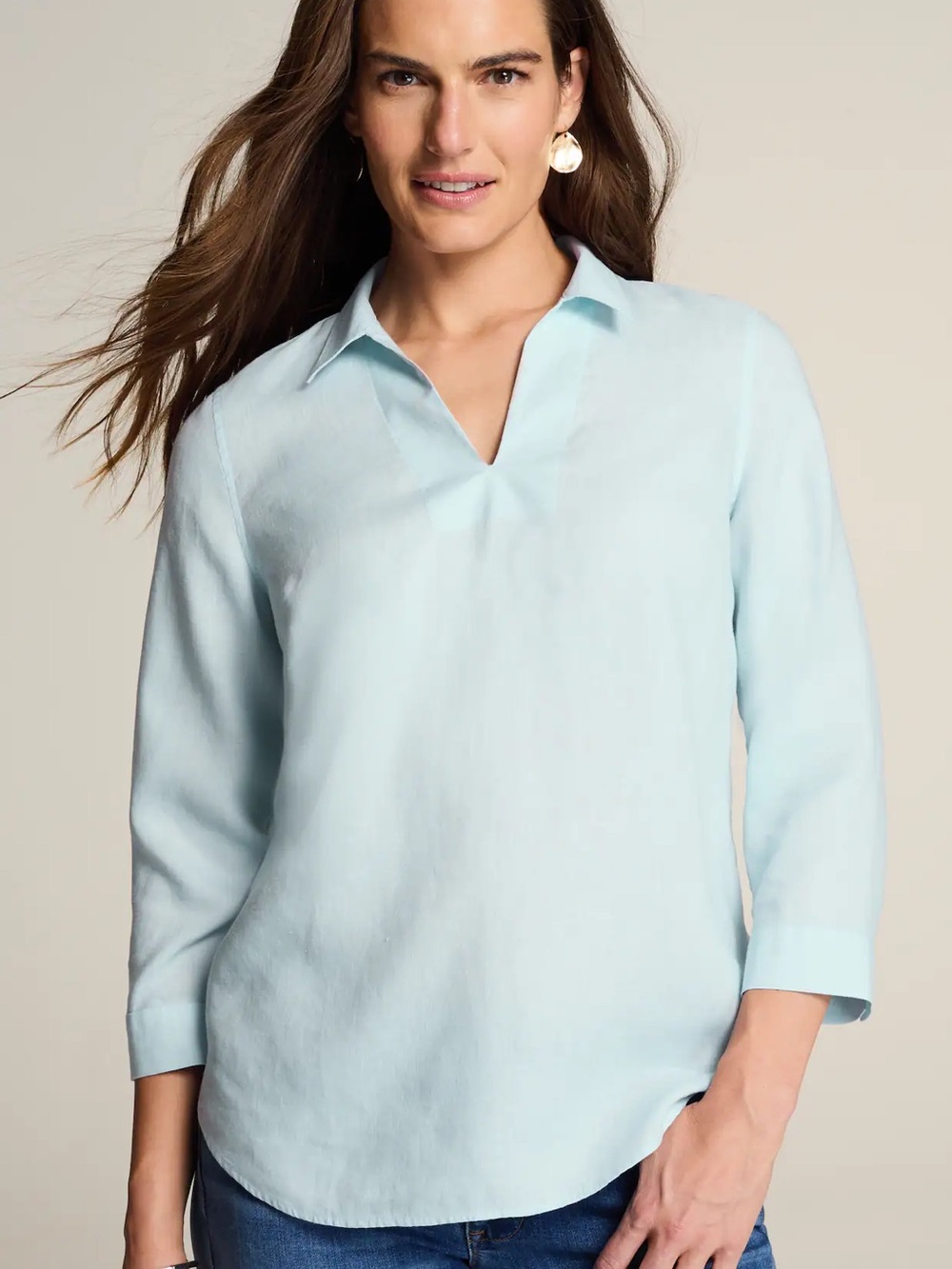 J.Jill blue fog coastal non-iron popover 100% linen V neck tunic blouse size XL